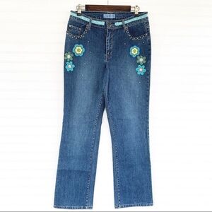 Classic Blue Straight Leg Jeans with Floral Embroidery